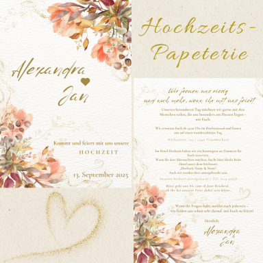 Einladungskarte zur Hochzeit mit floralen Dekoren und romantischem Design.