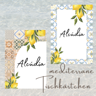 Mediterrane Tischkarten mit Zitronenmotiven und dekorativen Mustern.